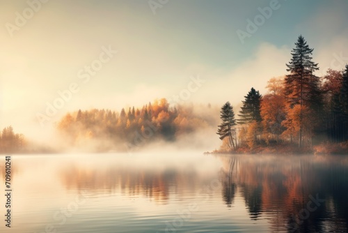  a body of water surrounded by trees in the middle of a foggy forest filled with orange and yellow leaves.