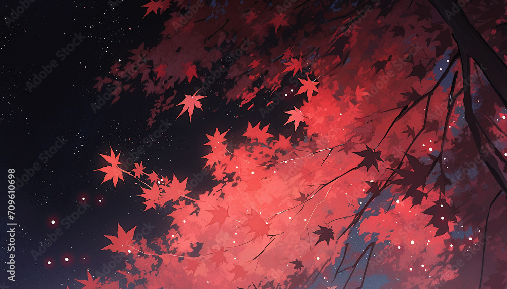 幻想的な夜の紅葉の木と星空の背景　Generative AI	