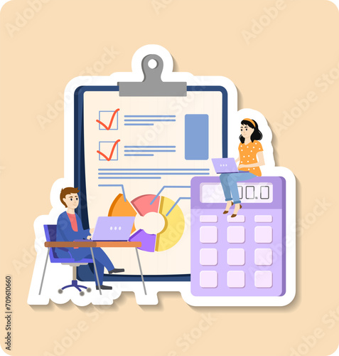 Accounting staff sticker illustration. Accounting department composition with financial documents folders reports statements tax calculator cash banknotes staff vector sticker illustration