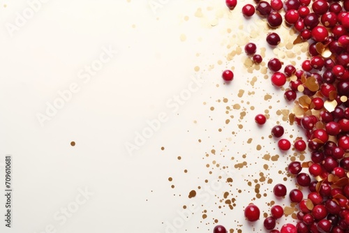  cranberries scattered on a white surface with gold sprinkles and confetti on the side.