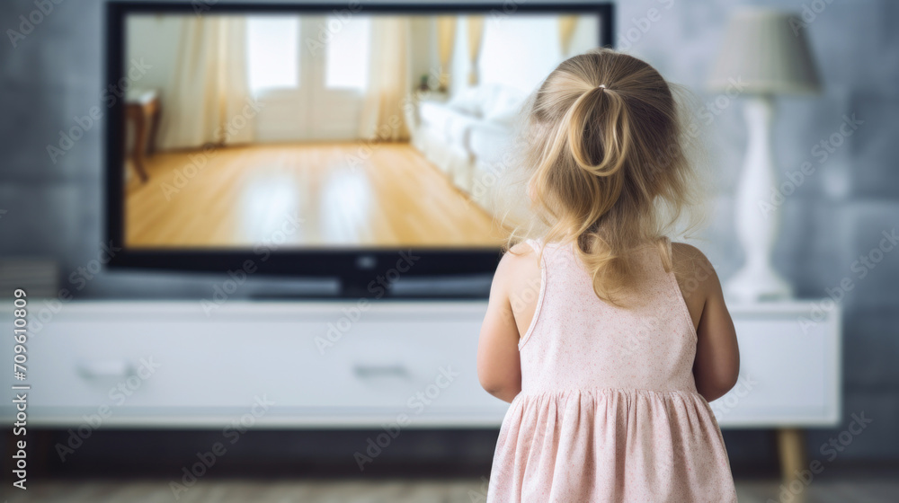 A young girl with blonde hair viewed from behind, attentively watching a large TV screen in a bright living room. A young girl with blonde hair viewed from behind, attentively watching a large TV screen in a bright living room.