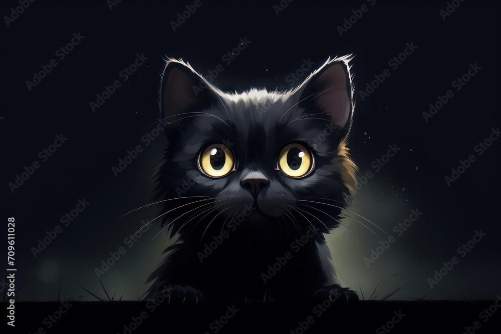 a close up of a black cat with yellow eyes in a dark room with a light shining on the cat's face. a close up of a black cat with yellow eyes in a dark room with a light shining on the cat's face.
