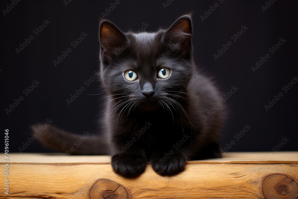  a black kitten with blue eyes sitting on top of a wooden table and looking at the camera with a serious look on its face.
