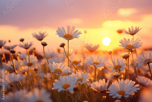  a field full of white daisies with the sun setting in the distance in the distance in the distance is a body of water with a body of water in the foreground.