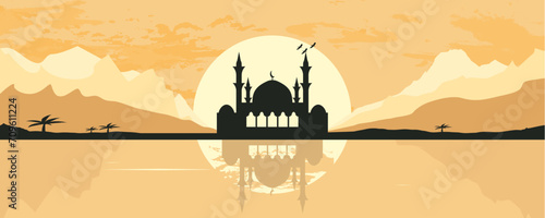 Mosque Silhouette with Mountains and Sunset in the Background
