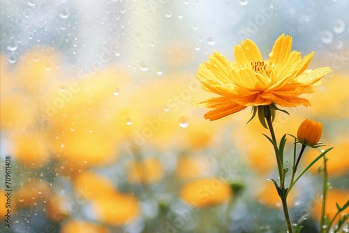 Vibrant yellow orange marigold flower on magical bokeh background with ample text space © Ilja