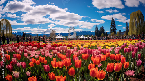 Join the festivities at the Canada Tulip Festival, capturing the joyous moments of people exploring the tulip-filled landscapes, creating a visual symphony of colors and emotions in realistic HD