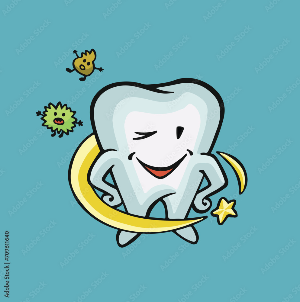 happy character tooth protected from bacteria, oral hygiene fullcolor vector