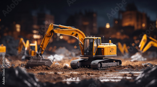 Wallpaper Mural A heavy-duty excavator operates on a construction site against the backdrop of a dusky city skyline. Torontodigital.ca
