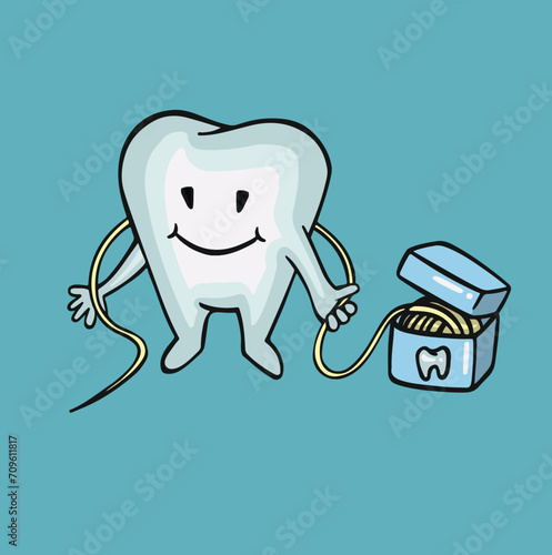 tooth character flossing, oral hygiene fullcolor vector