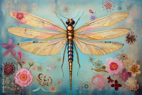  a painting of a dragonfly sitting on top of a blue background with flowers and butterflies in the foreground. photo