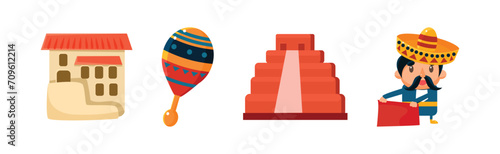 Mexican Objects and Symbols with Maraca, Monument, House and Man Toreador Vector Set