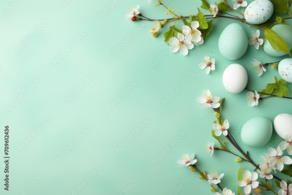  a bunch of eggs sitting on top of a branch of a tree with white flowers and green leaves on a blue background.
