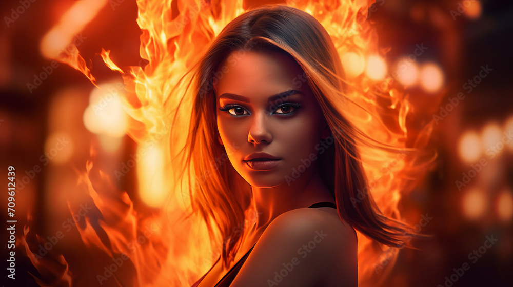 Fototapeta premium Charming red haired girl with fiery plume embodying fierce and vibrant essence of womanhood, attractive young ginger woman portrait symbolizing unbridled intensity of passion