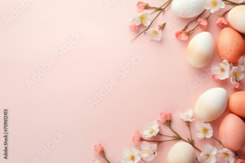  an overhead view of eggs and flowers on a pink background with a place for the text on the left side of the image.