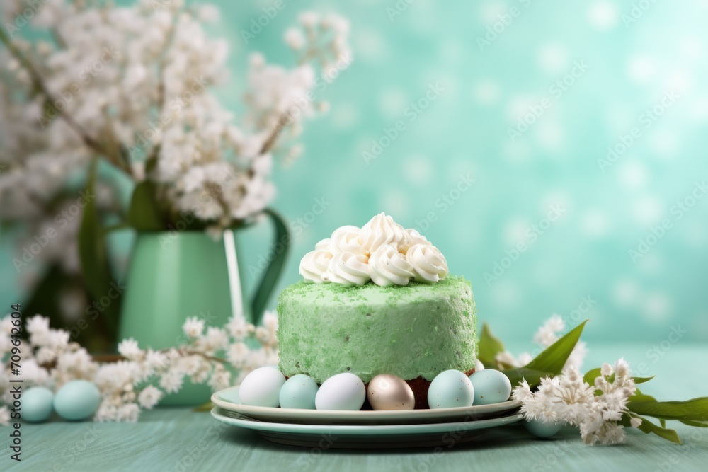 a green cake sitting on top of a white plate next to a vase with white flowers and eggs on it. a green cake sitting on top of a white plate next to a vase with white flowers and eggs on it.