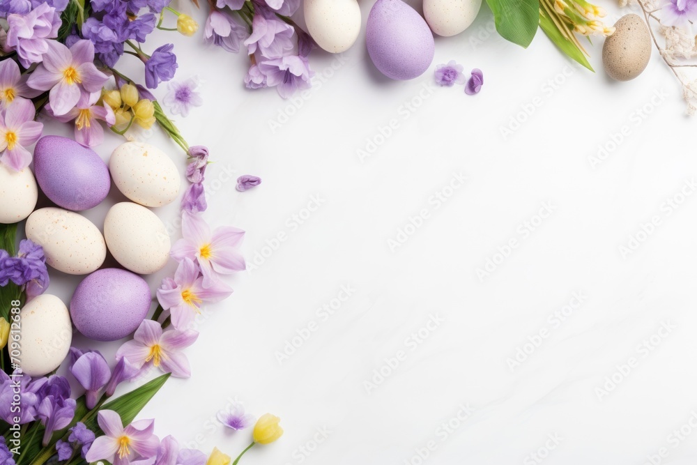 a white table topped with lots of purple and white eggs next to a bunch of purple and white daffodils. a white table topped with lots of purple and white eggs next to a bunch of purple and white daffodils.