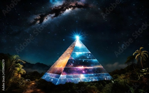 glowing space portal pyramid rising in the tropical jungle under a nebulous sky