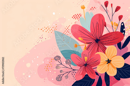 Botanical floral design with abstract pink flower. Copy space.
