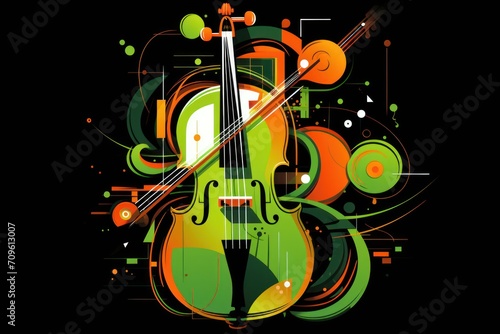  a green and orange violin on a black background with circles and swirls on the bottom of the violin  and a black background with a green and orange design on the bottom half of the violin.