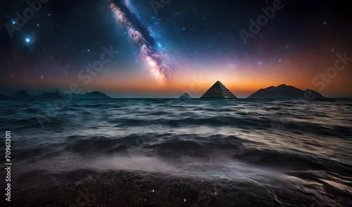 mystical pyramid lost in the middle of the sea under a bright nebula