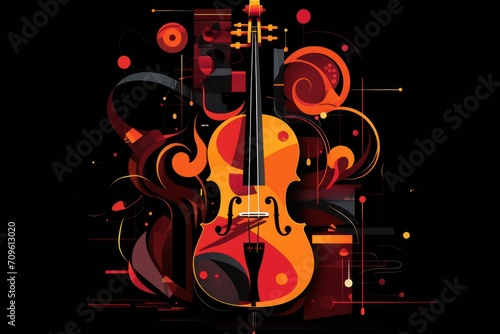  a violin on a black background with a red and orange swirl around it and a black background with a red and orange swirl around it.