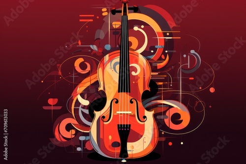  a violin on a red background with swirls and circles in the shape of an abstract flower ornament.