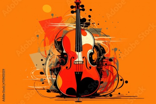  a violin on an orange background with a splash of paint on the bottom of the image and a splash of paint on the bottom of the violin.