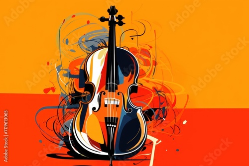  a painting of a violin on a red and orange background with a splash of paint on the back of the violin.