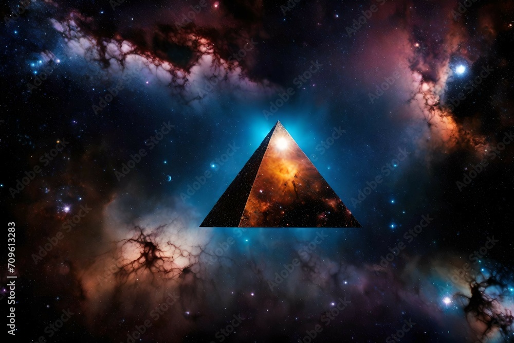 surreal galactic glowing pyramid , outerspace pyramid portal, nebulas and stary sky - obrazy, fototapety, plakaty 