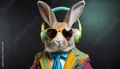Rabbit in retro suit with colorful sunglasses and headphones on black background