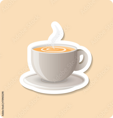 Cappuccino sticker illustration. Cup, saucer, coffee, steam. Editable vector graphic design.
