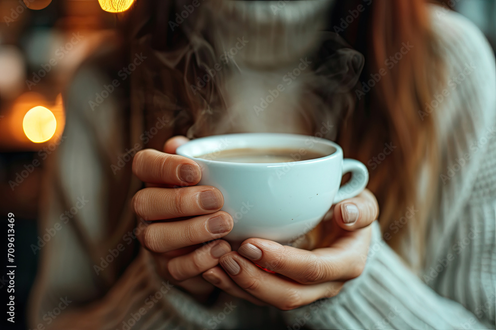 Woman holding cup of coffee in cafe. Close up of female hands with hot drink Woman holding cup of coffee in cafe. Close up of female hands with hot drink