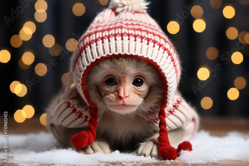 a monkey wearing thick clothes in the snow photo