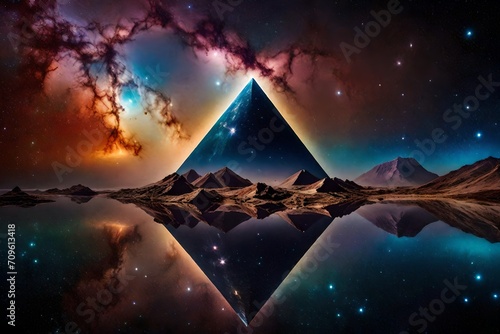 surreal galactic glowing pyramid   outerspace pyramid portal  nebulas and stary sky