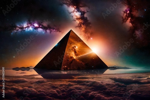 glowing spatial pyramid in outerspace , spectacular galaxies and nebulas