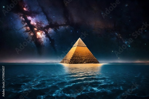 surreal mystical yellow pyramid glowing over a seascape , starry night sky and magnifiscient nebula