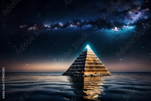 surreal mystical pyramid glowing over a seascape   starry night sky and magnifiscient nebula