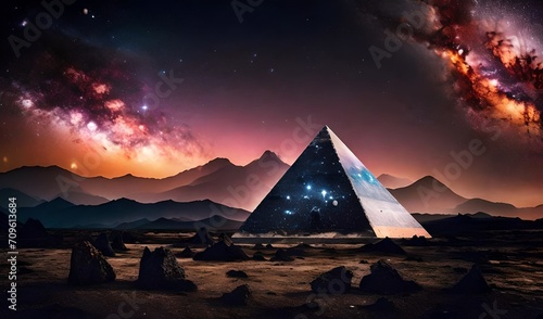 surreal mystical pyramid glowing over a seascape , starry night sky and magnifiscient nebula