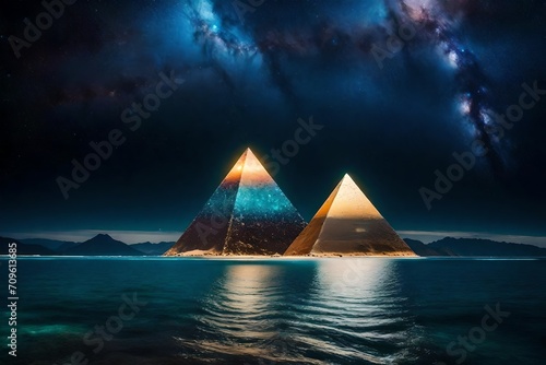 surreal mystical pyramid glowing over a seascape , starry night sky and magnifiscient nebula