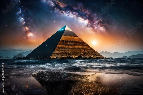 surreal mystical pyramid glowing over a seascape , starry night sky and magnifiscient nebula