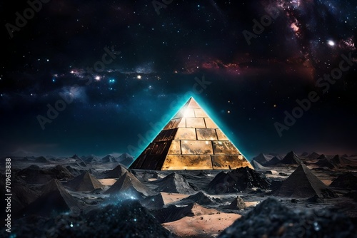 mystical ancient pyramid on outerspace planet , dark starry sky and nebula
