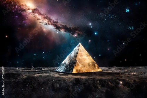 surreal galactic glowing pyramid , outerspace pyramid portal, nebulas and stary sky