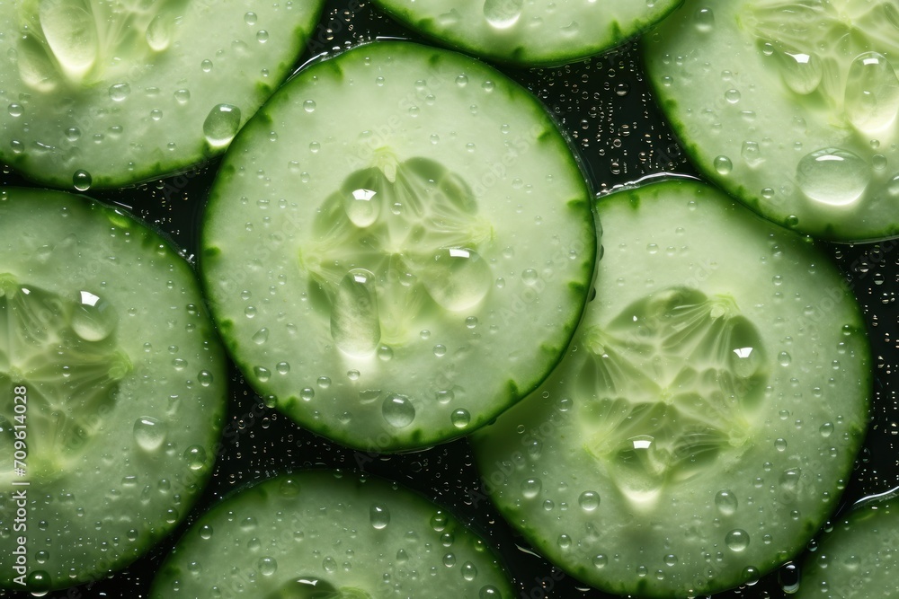 a group of cucumbers with drops of water on the surface of the cucumber is a green color. a group of cucumbers with drops of water on the surface of the cucumber is a green color.