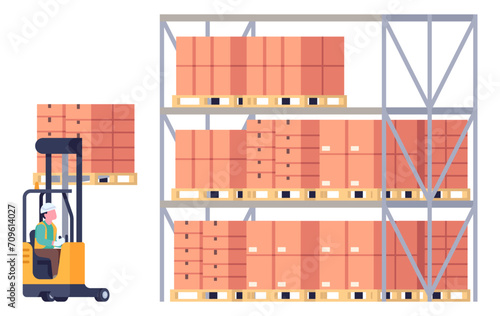Cargo logistics. Forklift loading containers in warehouse. Freight distribution in storehouse. Workman lifting boxes on pallets. Industrial machine. Merchandise delivery. Vector concept