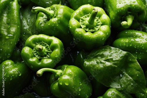  a pile of green peppers with drops of water on the top and bottom of the peppers on the bottom of the picture.