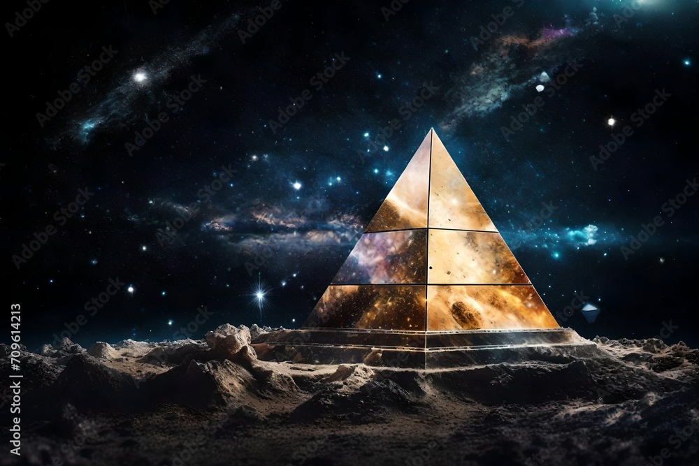 surreal space glowing pyramid , outerspace pyramid portal, nebulas and stary sky - obrazy, fototapety, plakaty 