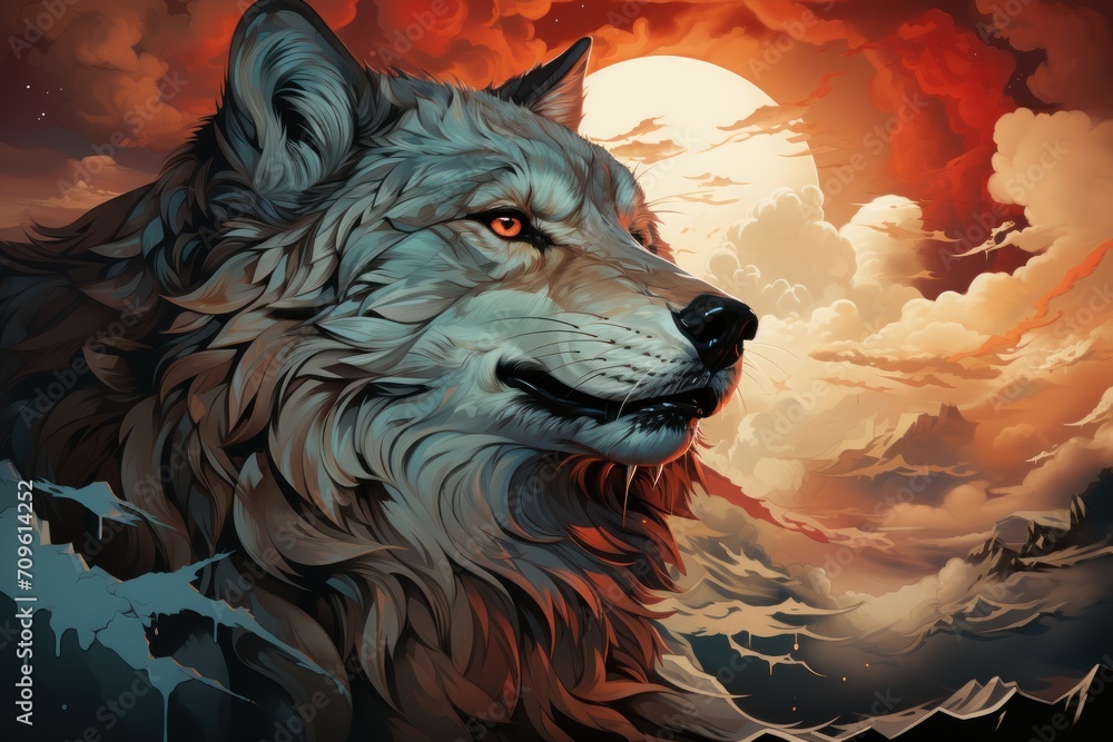 a painting of a wolf in front of a cloudy sky with a full moon in the middle of the night. a painting of a wolf in front of a cloudy sky with a full moon in the middle of the night.