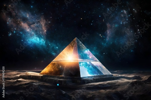 surreal  glowing  spatial pyramid   outerspace pyramid portal  nebulas and stary sky