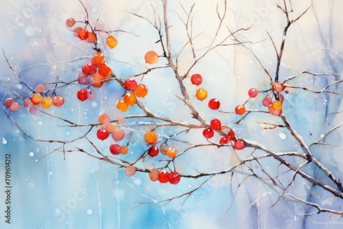  a painting of a tree with berries hanging from it's branches and snow falling from the sky in the background.